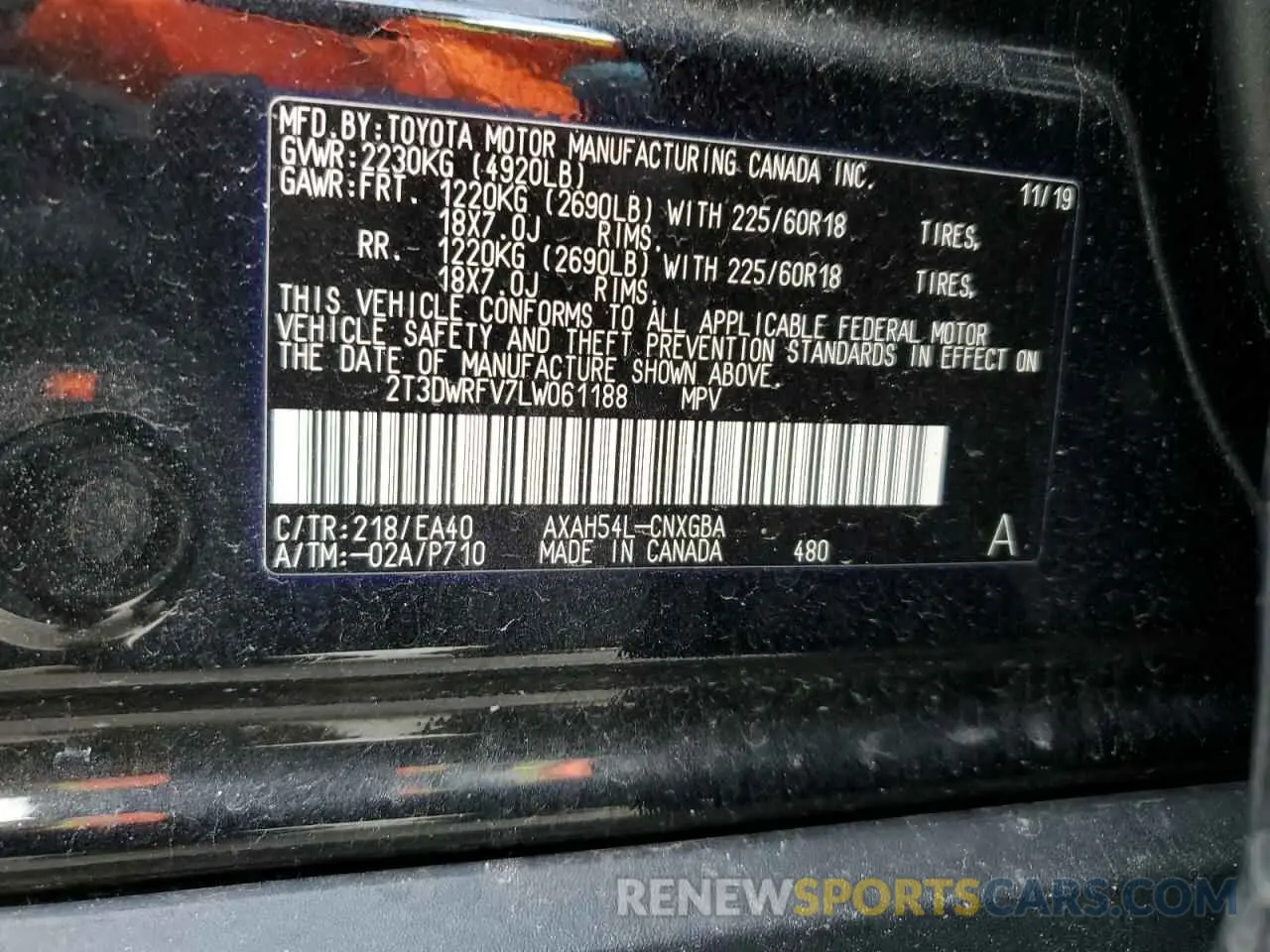 14 fotografías del automóvil dañado 2T3DWRFV7LW061188 TOYOTA RAV4 2020