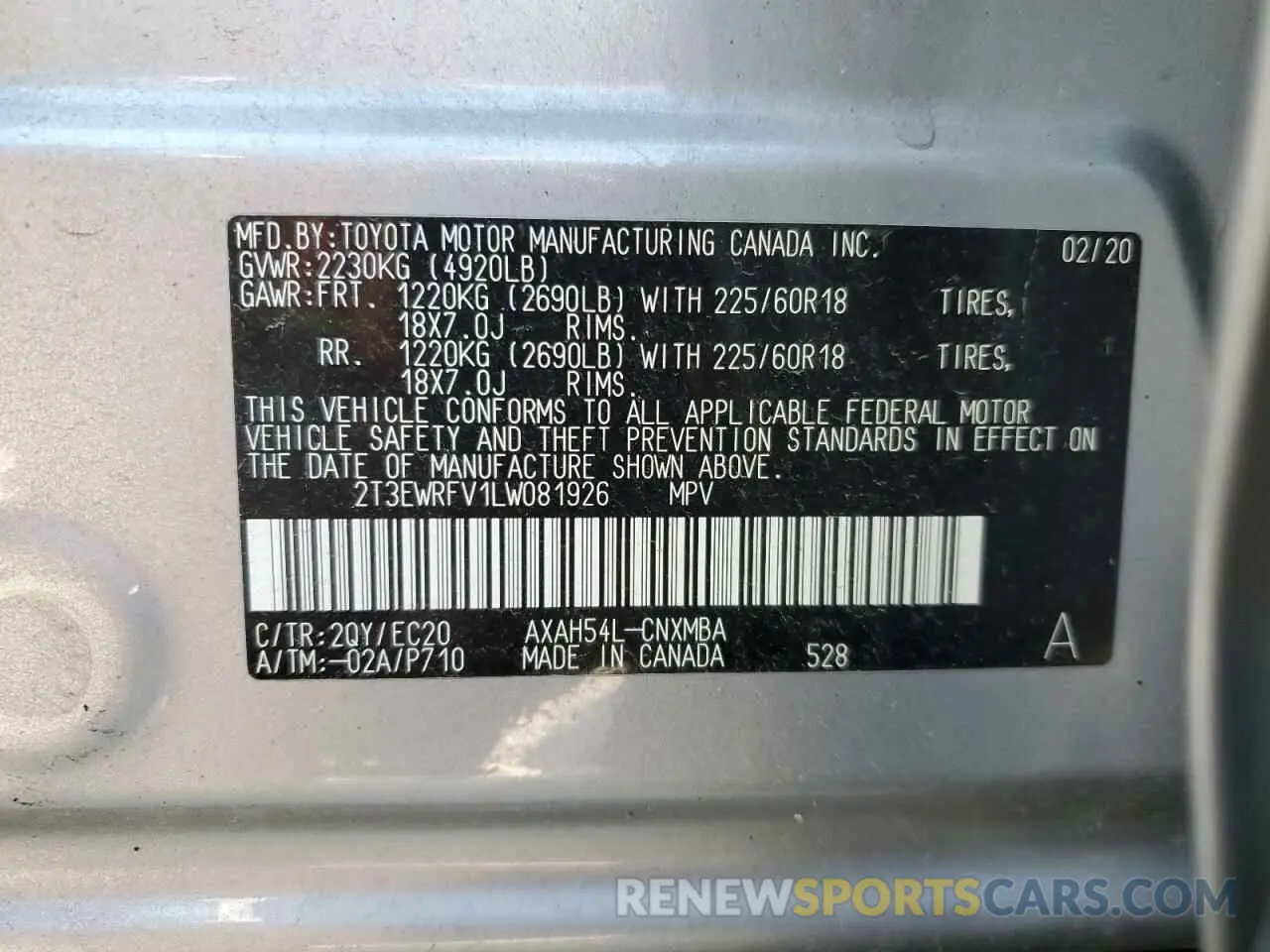 14 fotografías del automóvil dañado 2T3EWRFV1LW081926 TOYOTA RAV4 2020