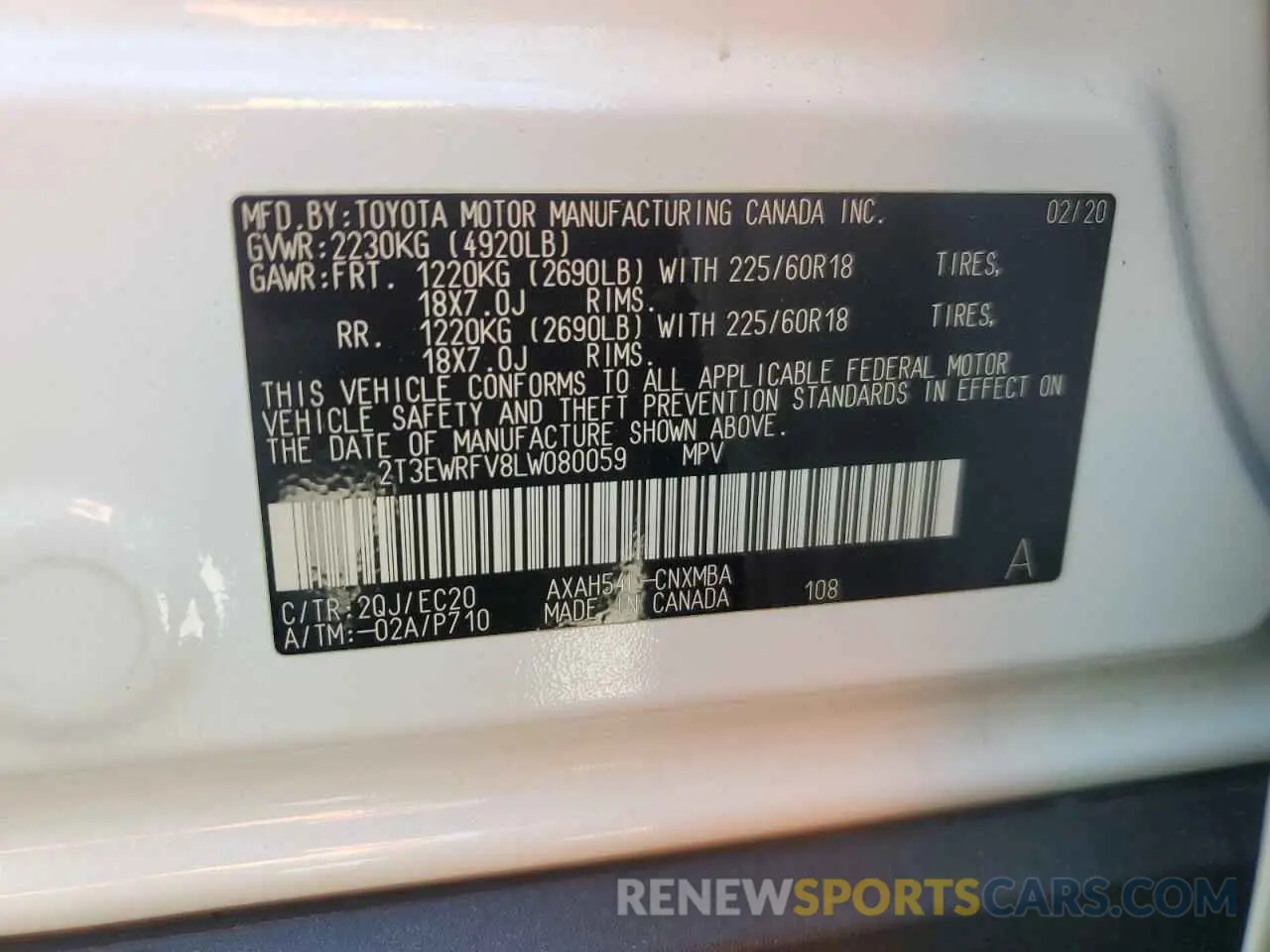 13 fotografías del automóvil dañado 2T3EWRFV8LW080059 TOYOTA RAV4 2020