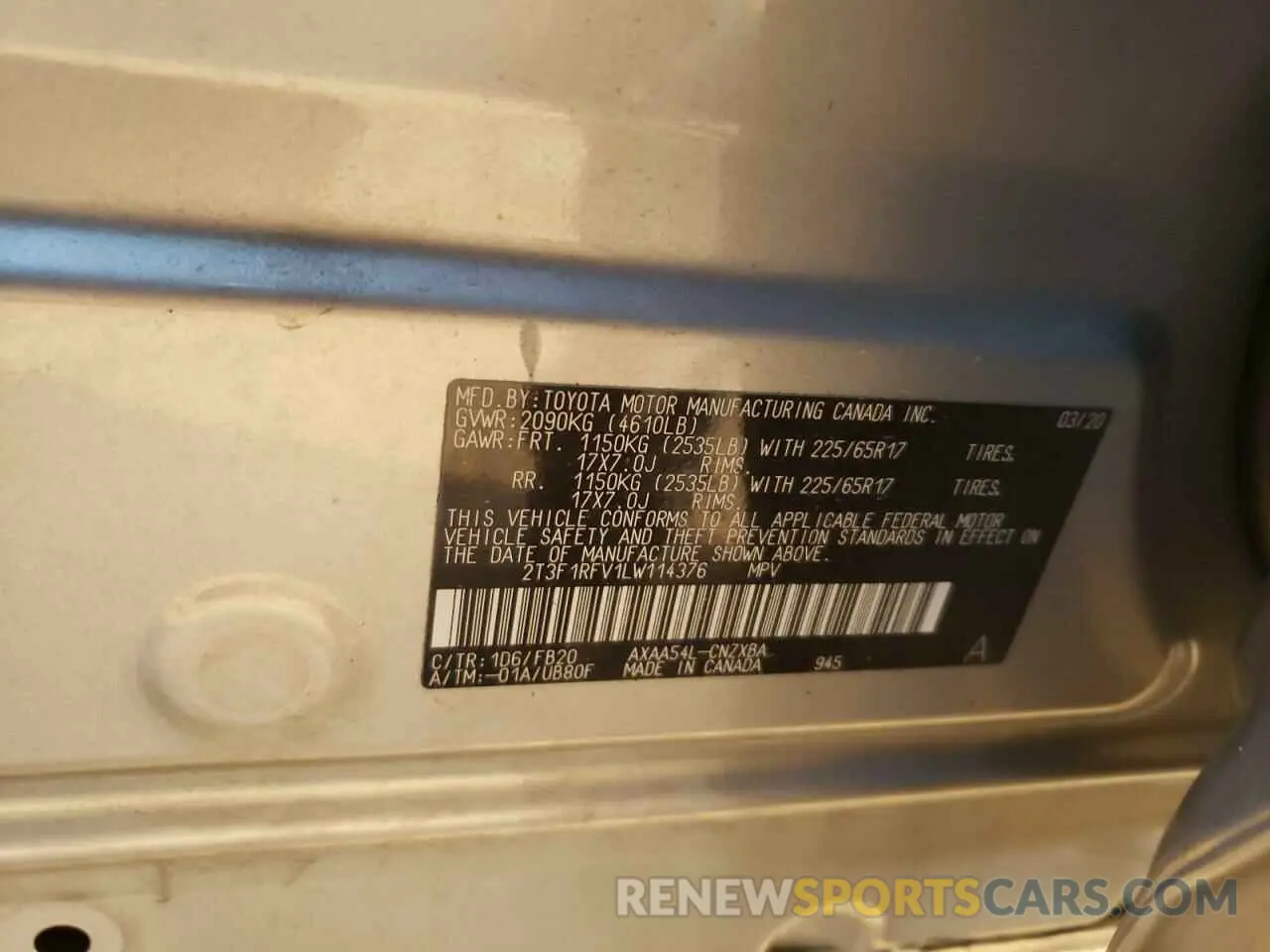 10 fotografías del automóvil dañado 2T3F1RFV1LW114376 TOYOTA RAV4 2020