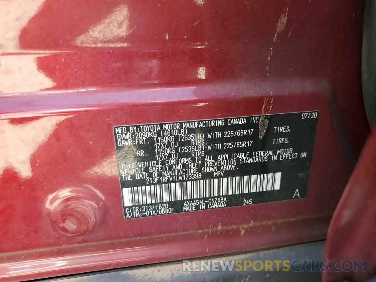 14 fotografías del automóvil dañado 2T3F1RFV1LW123398 TOYOTA RAV4 2020