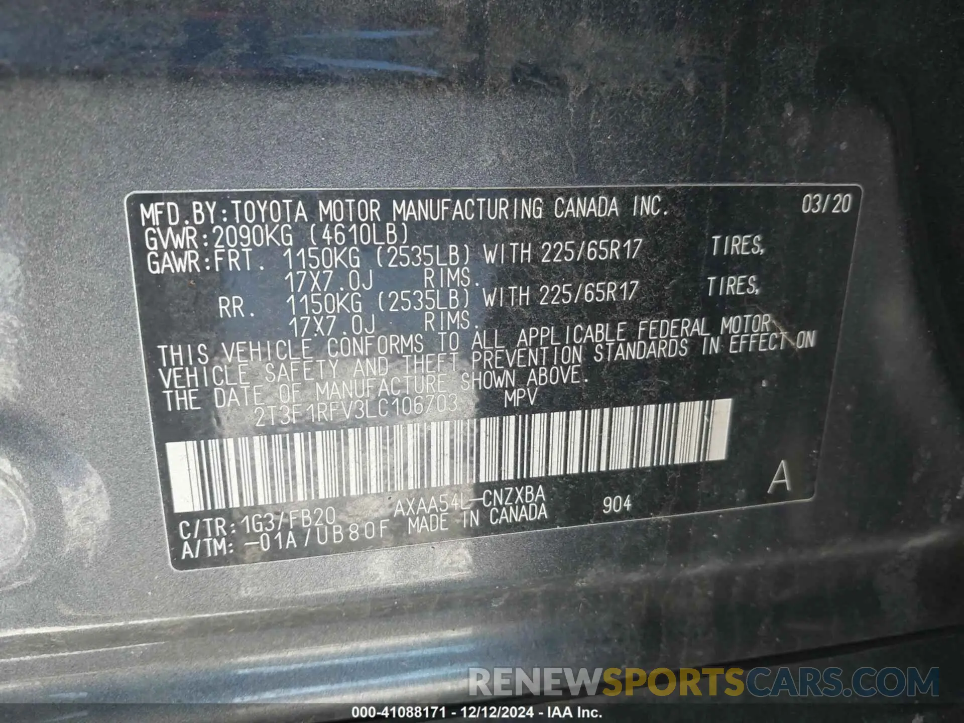 9 fotografías del automóvil dañado 2T3F1RFV3LC106703 TOYOTA RAV4 2020
