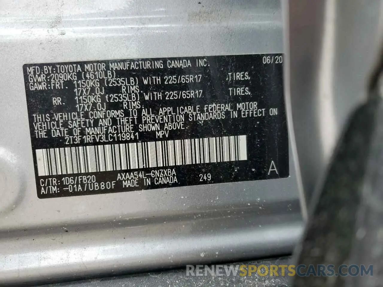 13 fotografías del automóvil dañado 2T3F1RFV3LC119841 TOYOTA RAV4 2020