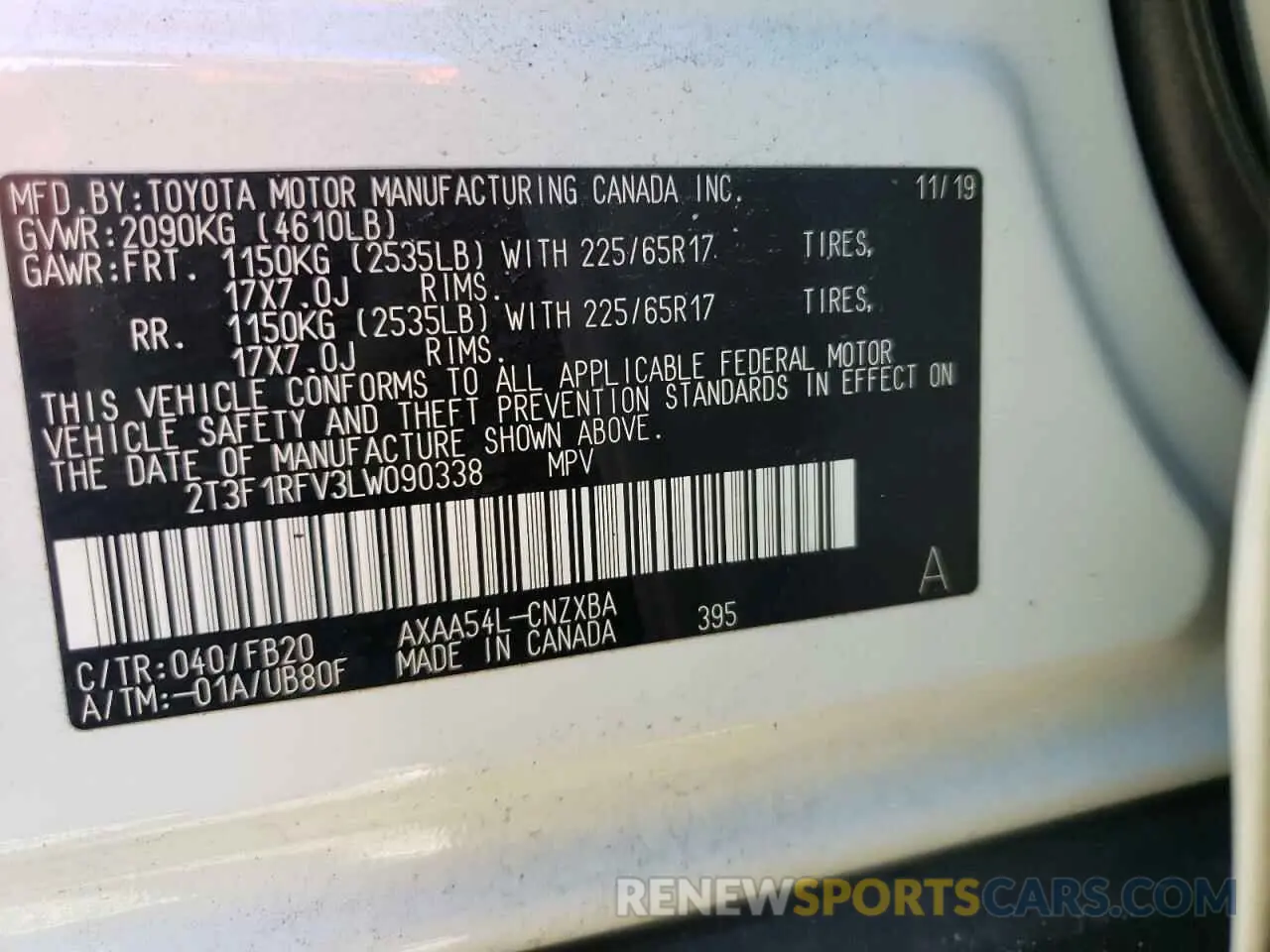 10 fotografías del automóvil dañado 2T3F1RFV3LW090338 TOYOTA RAV4 2020
