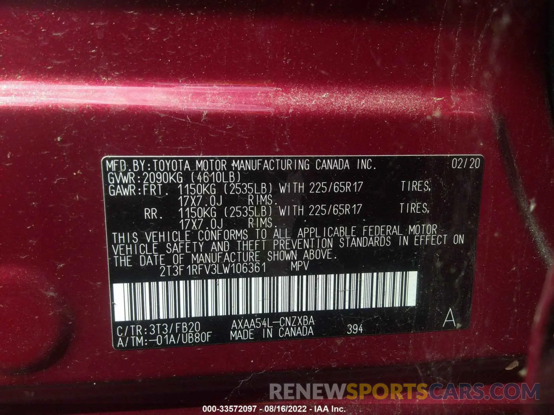 9 fotografías del automóvil dañado 2T3F1RFV3LW106361 TOYOTA RAV4 2020