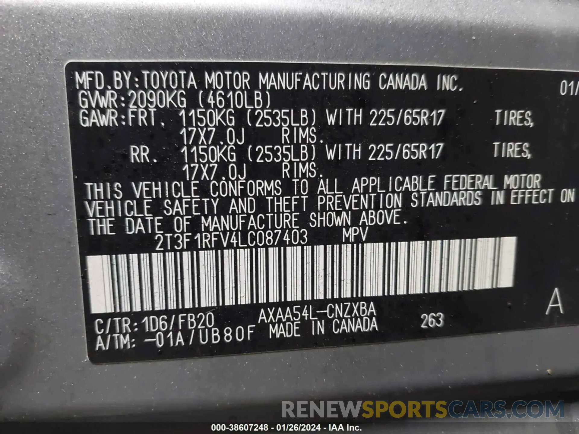 9 fotografías del automóvil dañado 2T3F1RFV4LC087403 TOYOTA RAV4 2020