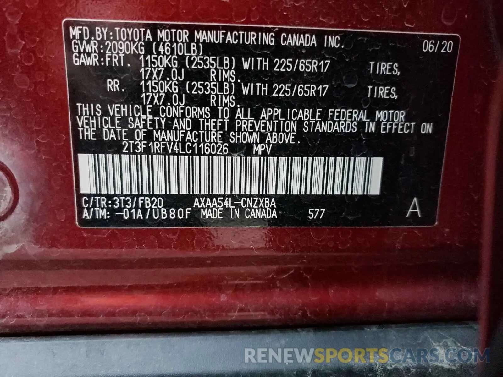 10 fotografías del automóvil dañado 2T3F1RFV4LC116026 TOYOTA RAV4 2020