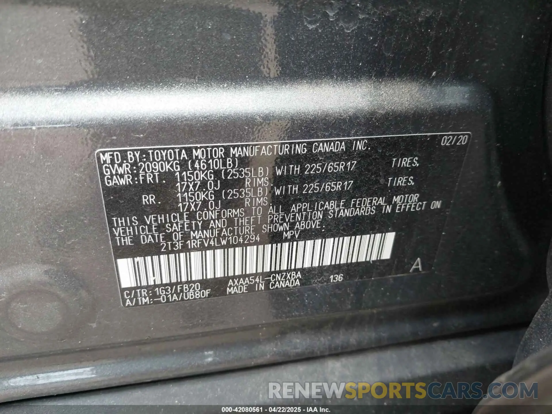 9 fotografías del automóvil dañado 2T3F1RFV4LW104294 TOYOTA RAV4 2020