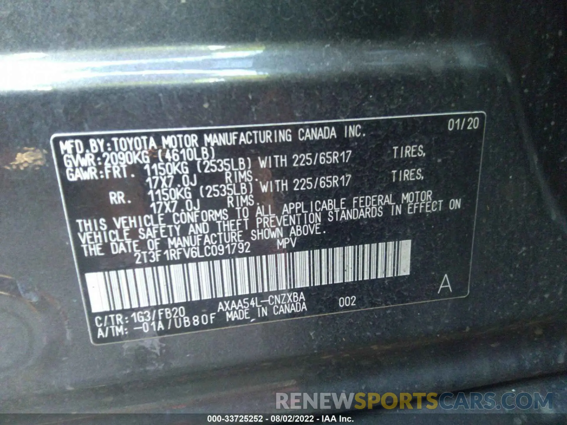 9 fotografías del automóvil dañado 2T3F1RFV6LC091792 TOYOTA RAV4 2020