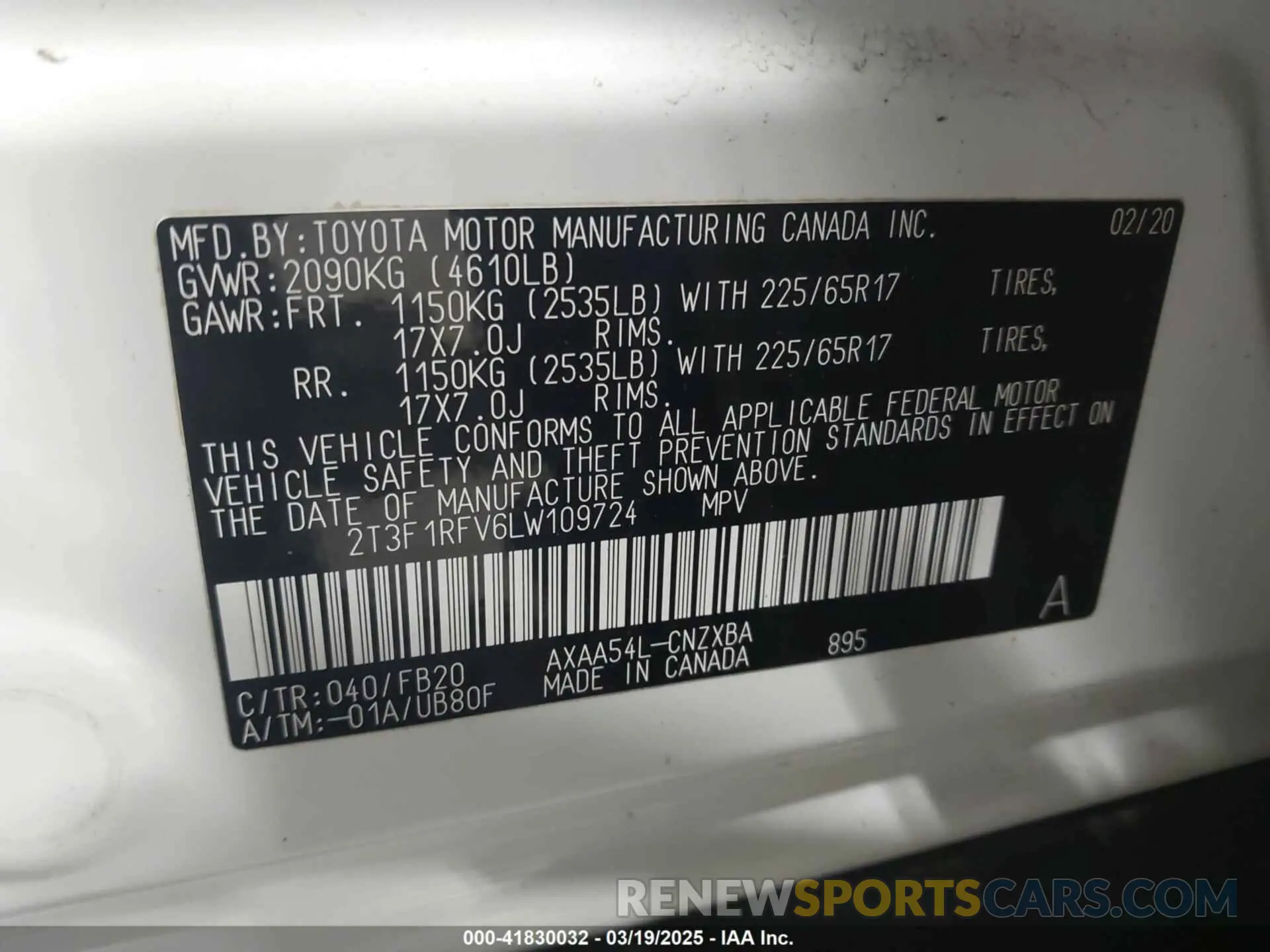 9 fotografías del automóvil dañado 2T3F1RFV6LW109724 TOYOTA RAV4 2020