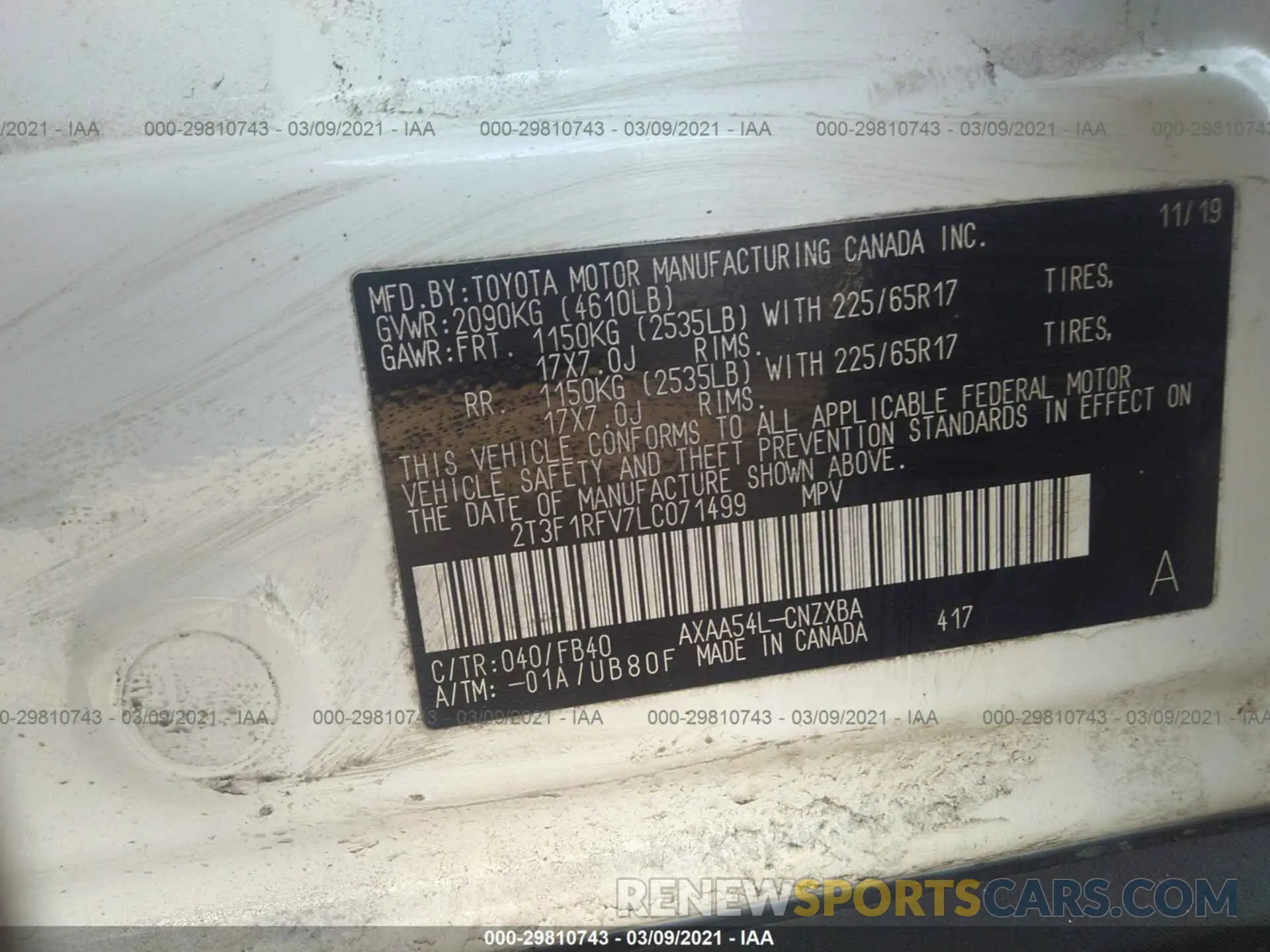 9 fotografías del automóvil dañado 2T3F1RFV7LC071499 TOYOTA RAV4 2020