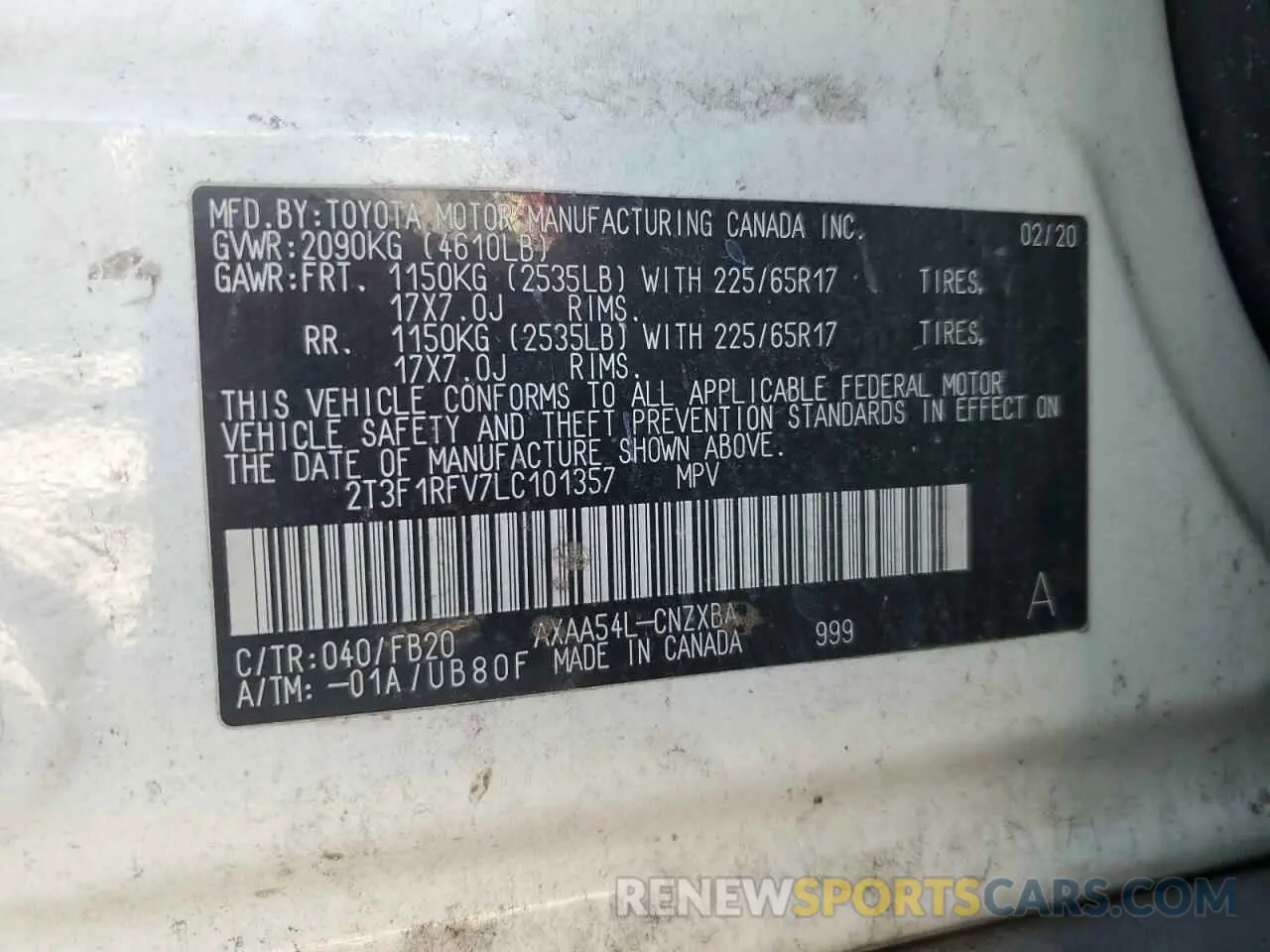 13 fotografías del automóvil dañado 2T3F1RFV7LC101357 TOYOTA RAV4 2020