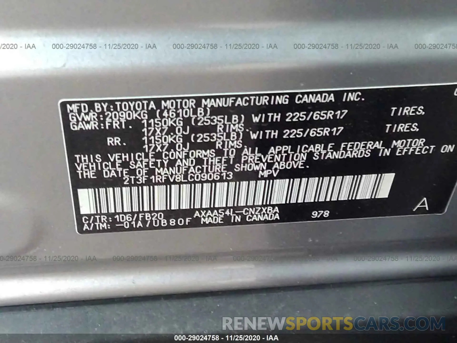 9 fotografías del automóvil dañado 2T3F1RFV8LC090613 TOYOTA RAV4 2020