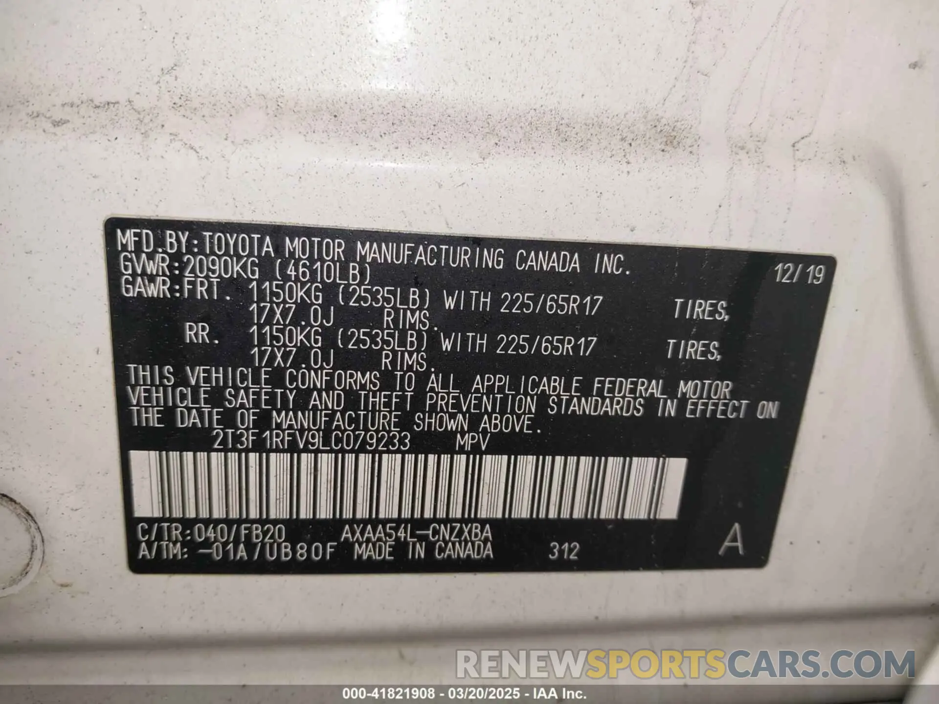 9 fotografías del automóvil dañado 2T3F1RFV9LC079233 TOYOTA RAV4 2020