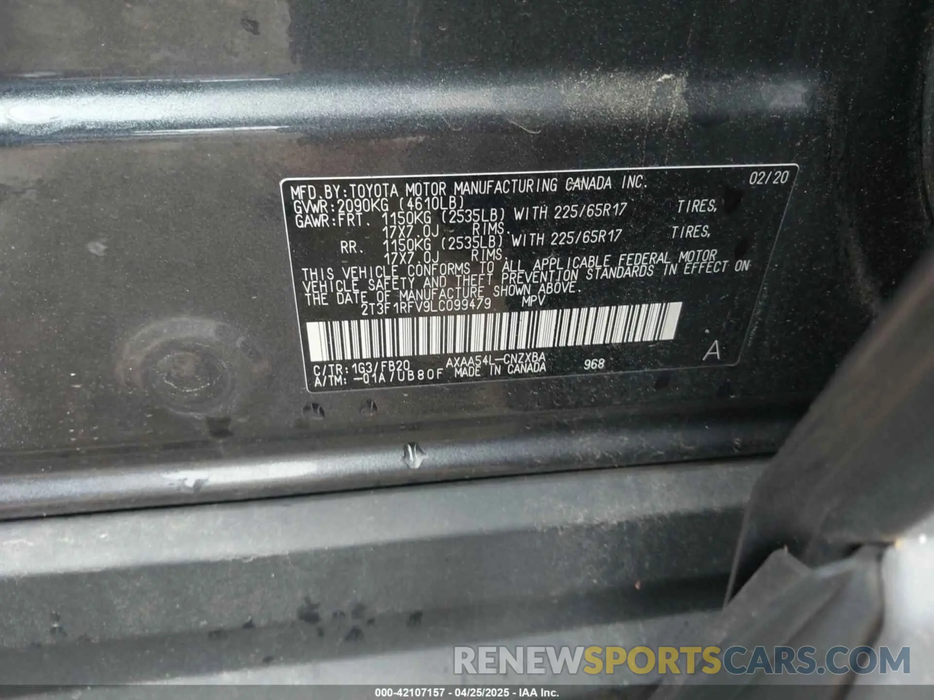 9 fotografías del automóvil dañado 2T3F1RFV9LC099479 TOYOTA RAV4 2020