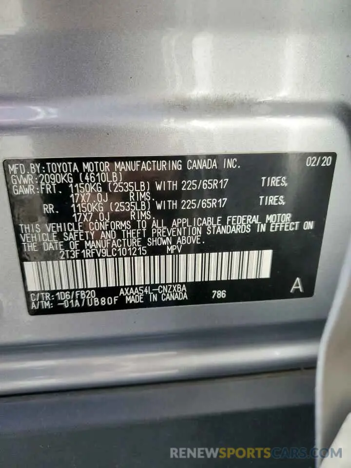 13 fotografías del automóvil dañado 2T3F1RFV9LC101215 TOYOTA RAV4 2020