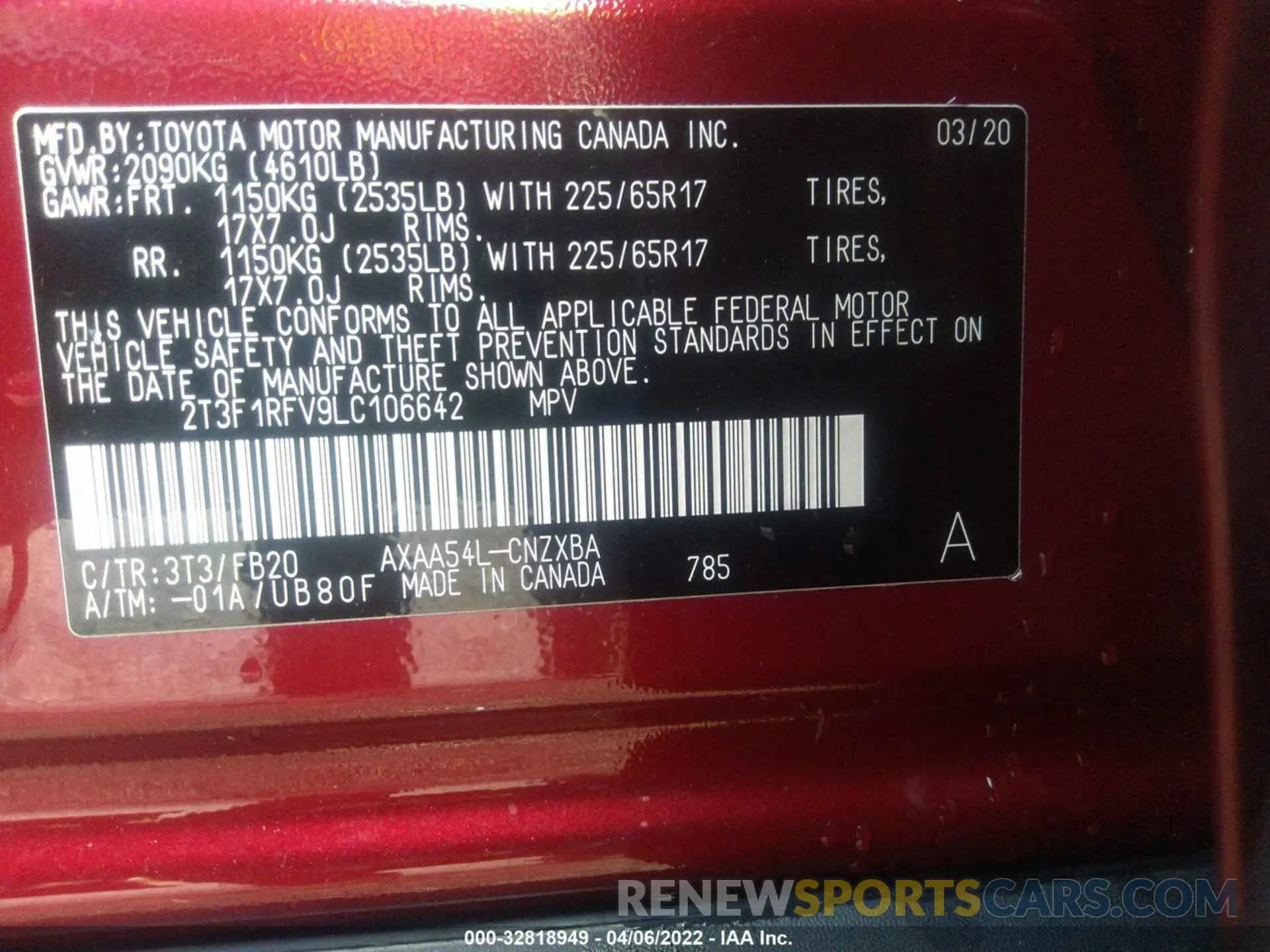 9 fotografías del automóvil dañado 2T3F1RFV9LC106642 TOYOTA RAV4 2020