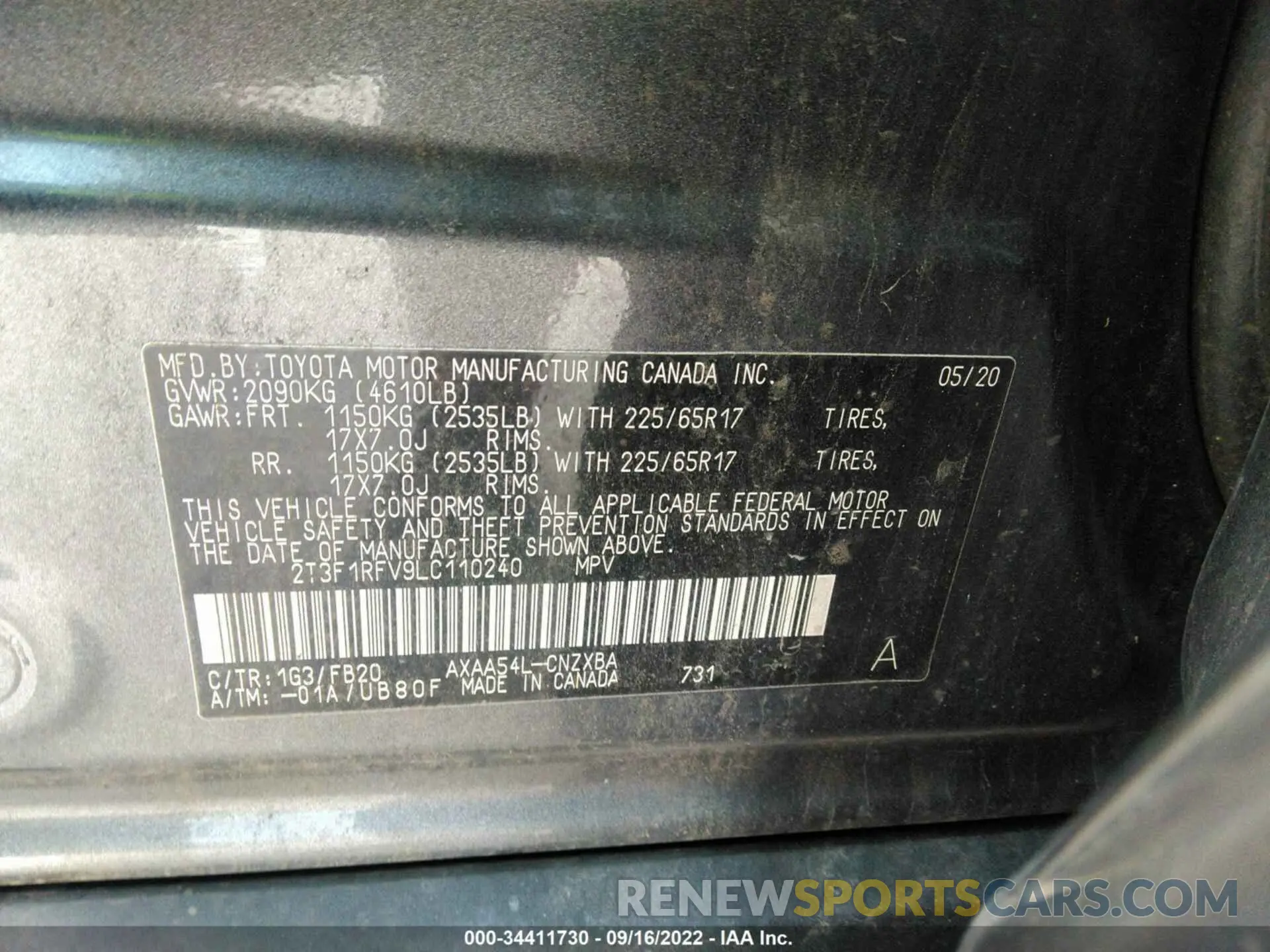 9 fotografías del automóvil dañado 2T3F1RFV9LC110240 TOYOTA RAV4 2020