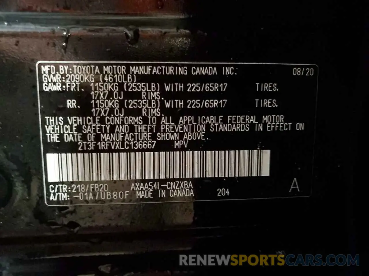 13 fotografías del automóvil dañado 2T3F1RFVXLC136667 TOYOTA RAV4 2020