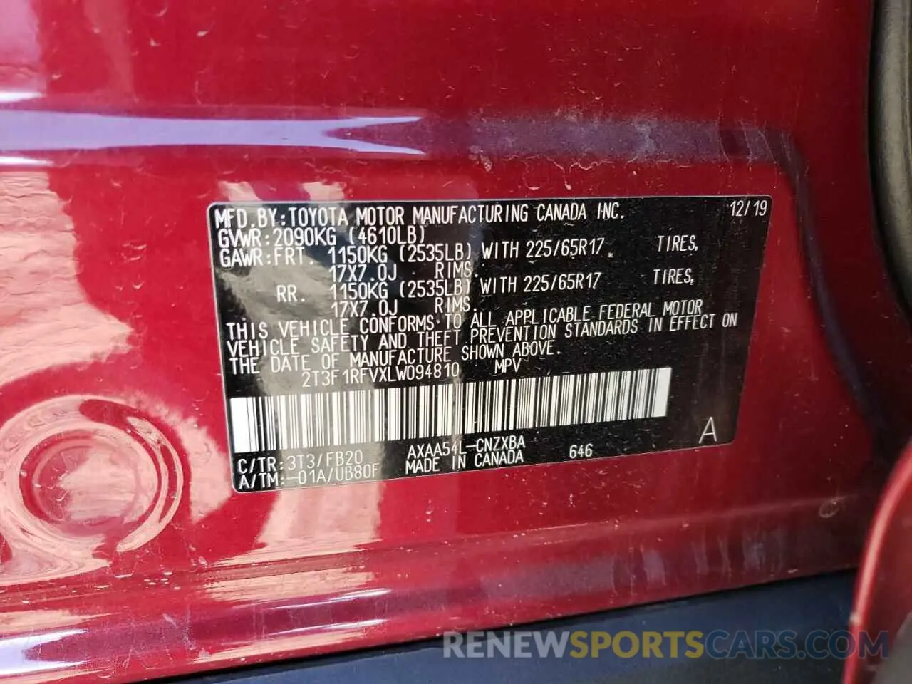 14 fotografías del automóvil dañado 2T3F1RFVXLW094810 TOYOTA RAV4 2020