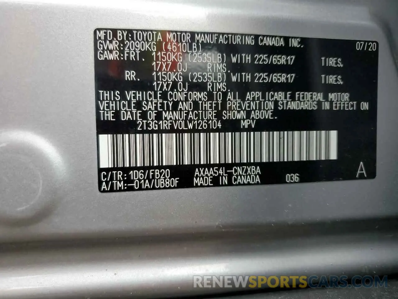 14 fotografías del automóvil dañado 2T3G1RFV0LW126104 TOYOTA RAV4 2020