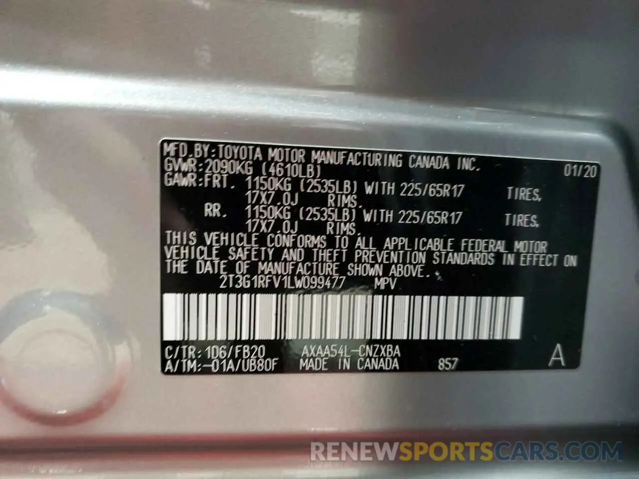 14 fotografías del automóvil dañado 2T3G1RFV1LW099477 TOYOTA RAV4 2020