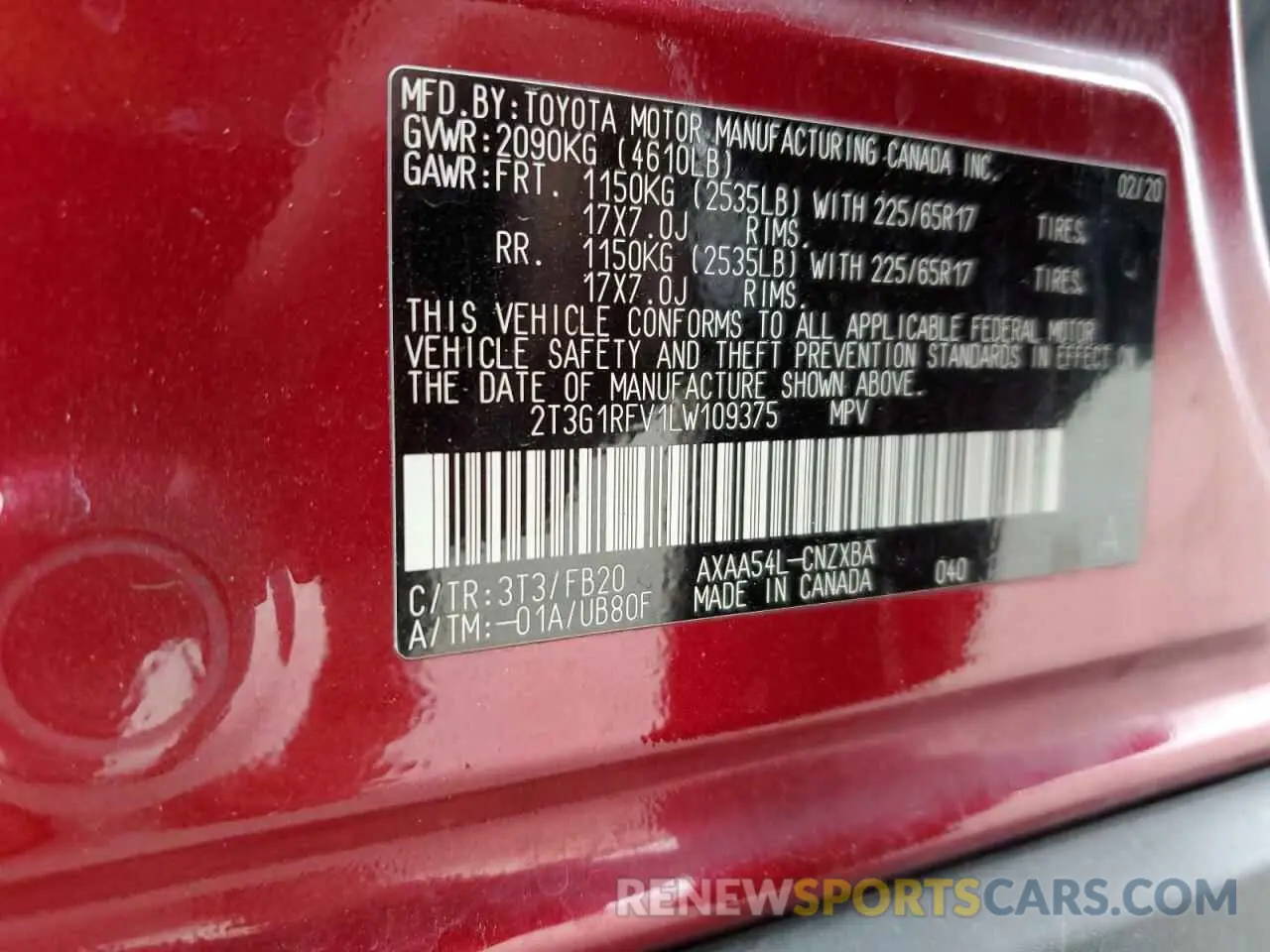 14 fotografías del automóvil dañado 2T3G1RFV1LW109375 TOYOTA RAV4 2020