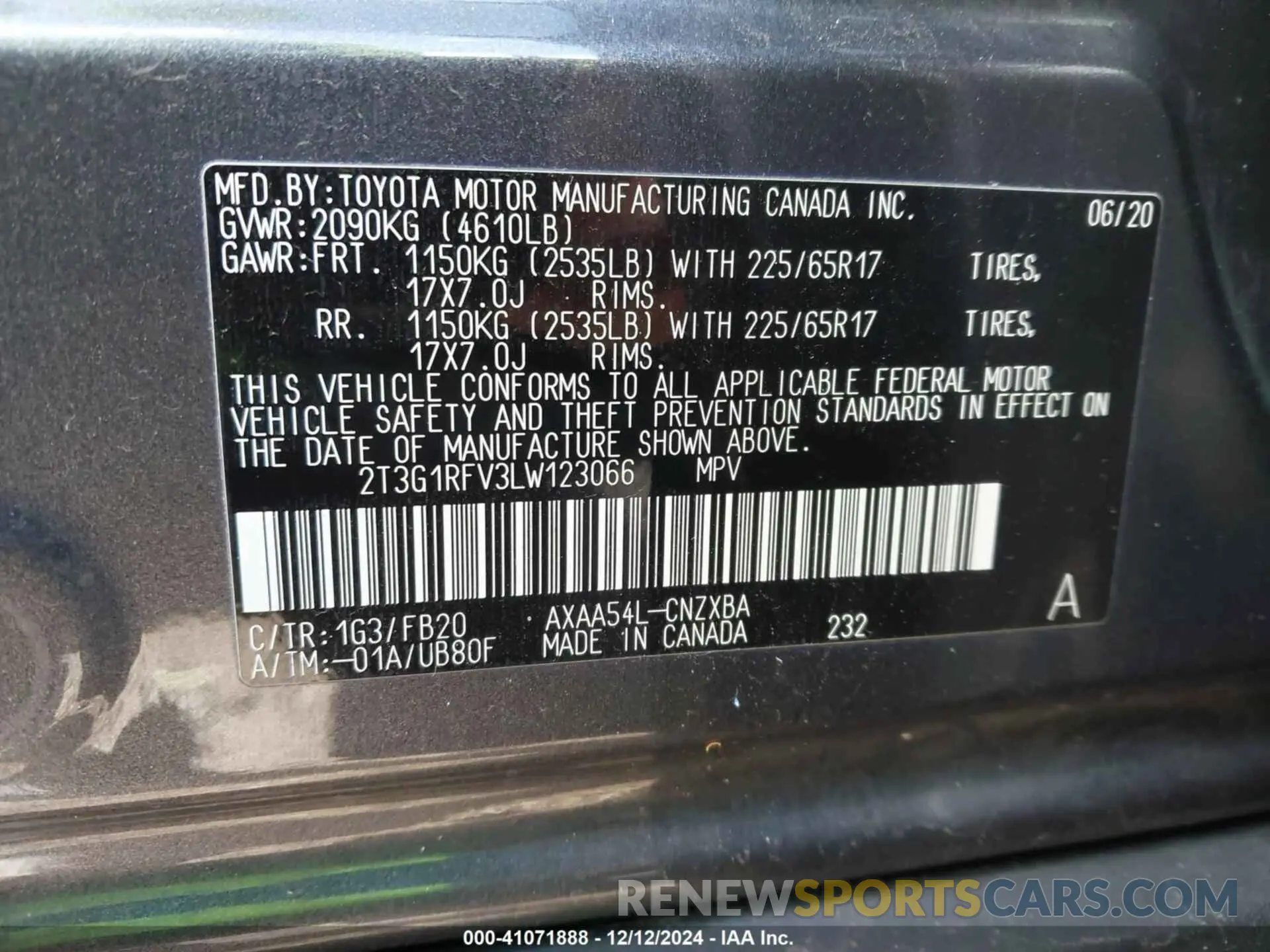 9 fotografías del automóvil dañado 2T3G1RFV3LW123066 TOYOTA RAV4 2020