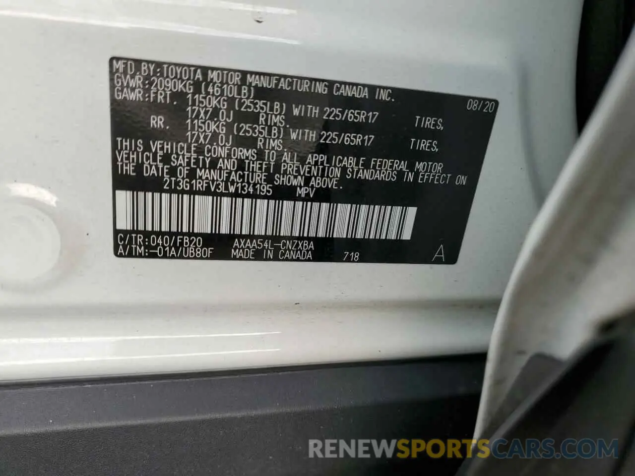 10 fotografías del automóvil dañado 2T3G1RFV3LW134195 TOYOTA RAV4 2020