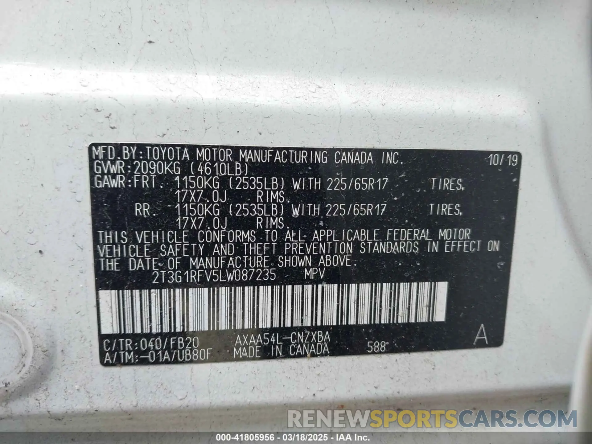 9 fotografías del automóvil dañado 2T3G1RFV5LW087235 TOYOTA RAV4 2020