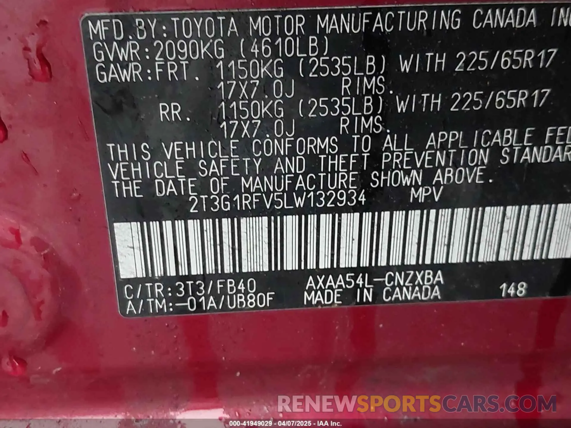 9 fotografías del automóvil dañado 2T3G1RFV5LW132934 TOYOTA RAV4 2020
