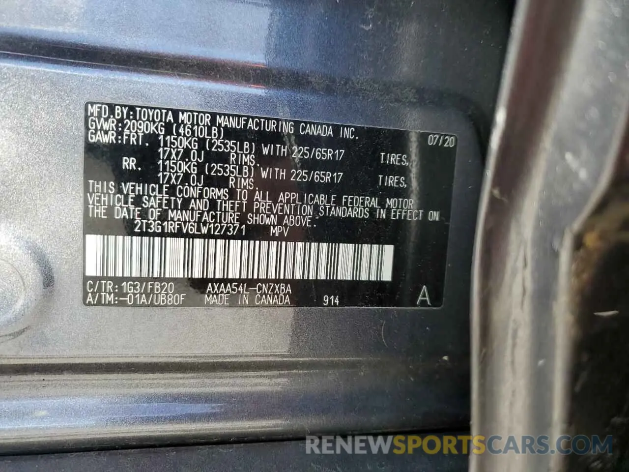 13 fotografías del automóvil dañado 2T3G1RFV6LW127371 TOYOTA RAV4 2020