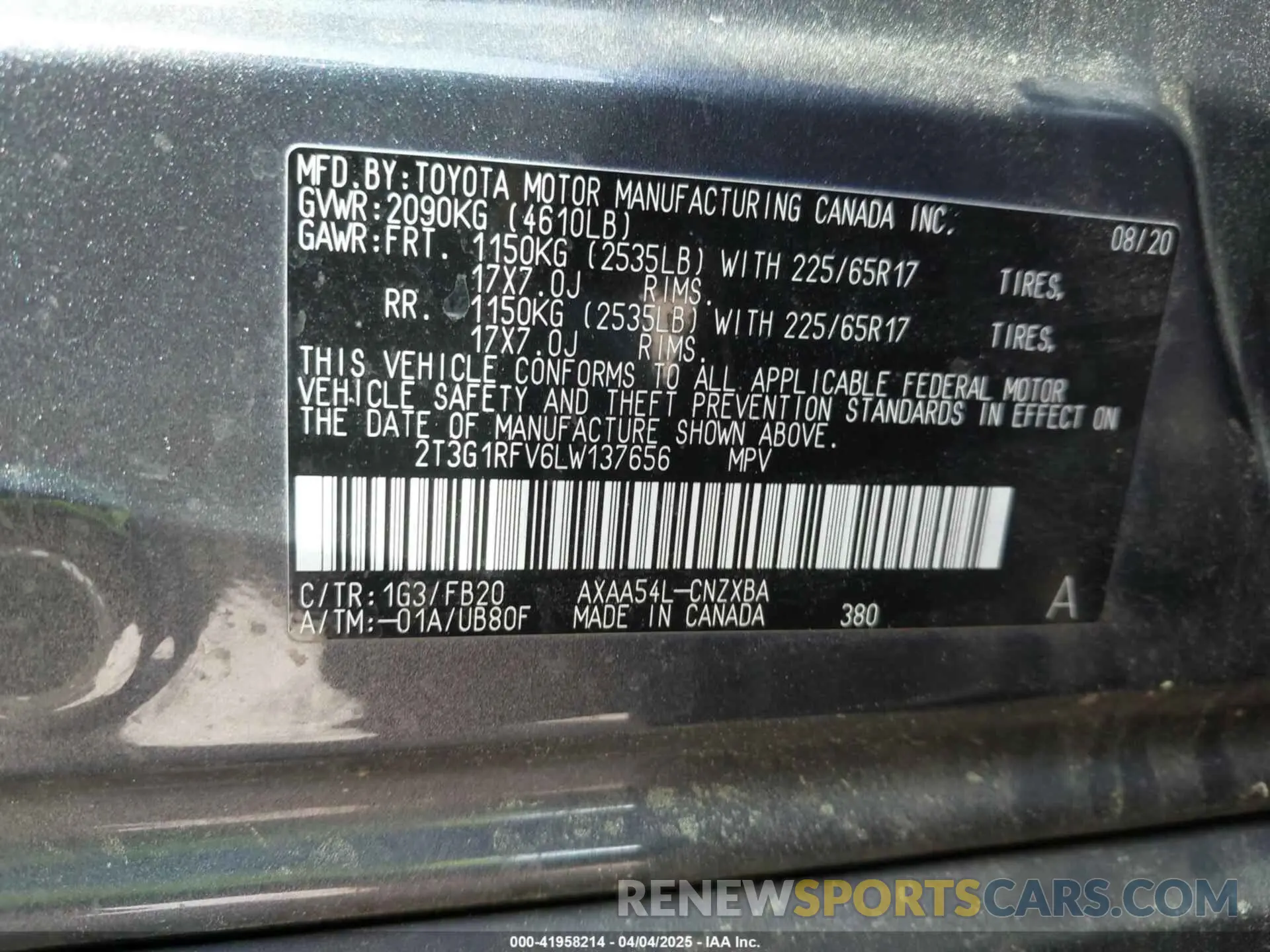 9 fotografías del automóvil dañado 2T3G1RFV6LW137656 TOYOTA RAV4 2020