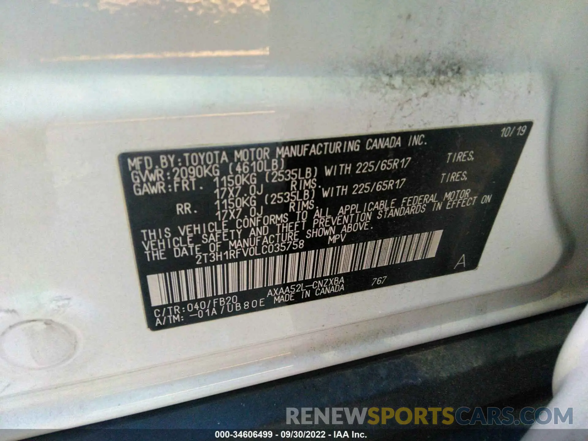 9 fotografías del automóvil dañado 2T3H1RFV0LC035758 TOYOTA RAV4 2020