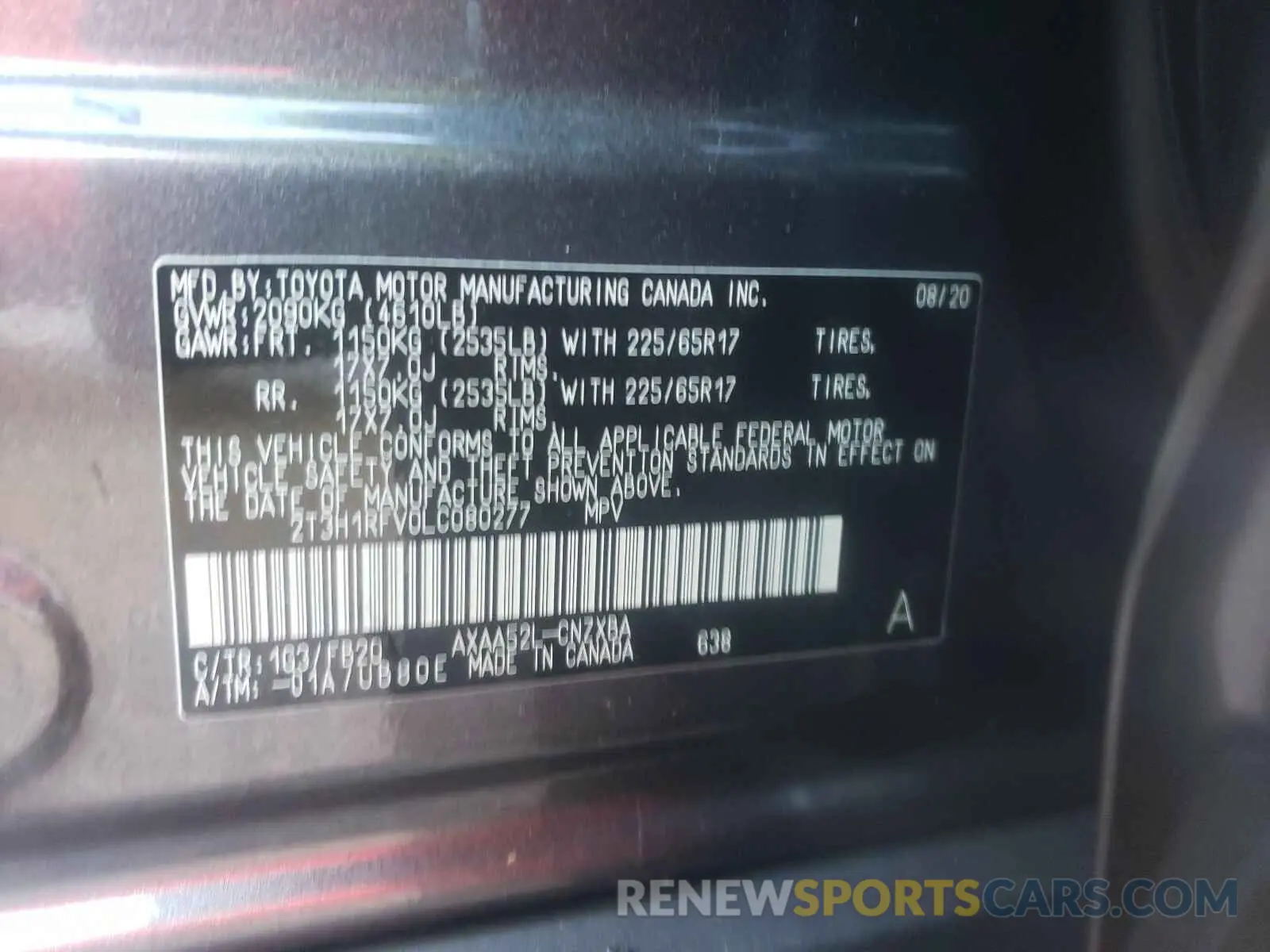 10 fotografías del automóvil dañado 2T3H1RFV0LC080277 TOYOTA RAV4 2020
