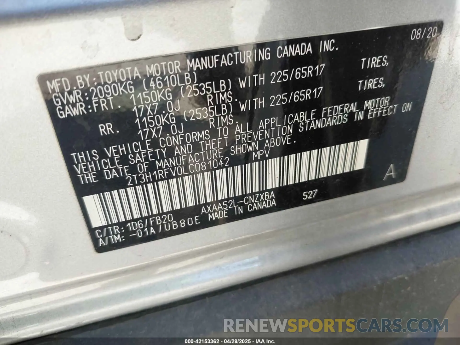 9 fotografías del automóvil dañado 2T3H1RFV0LC081042 TOYOTA RAV4 2020