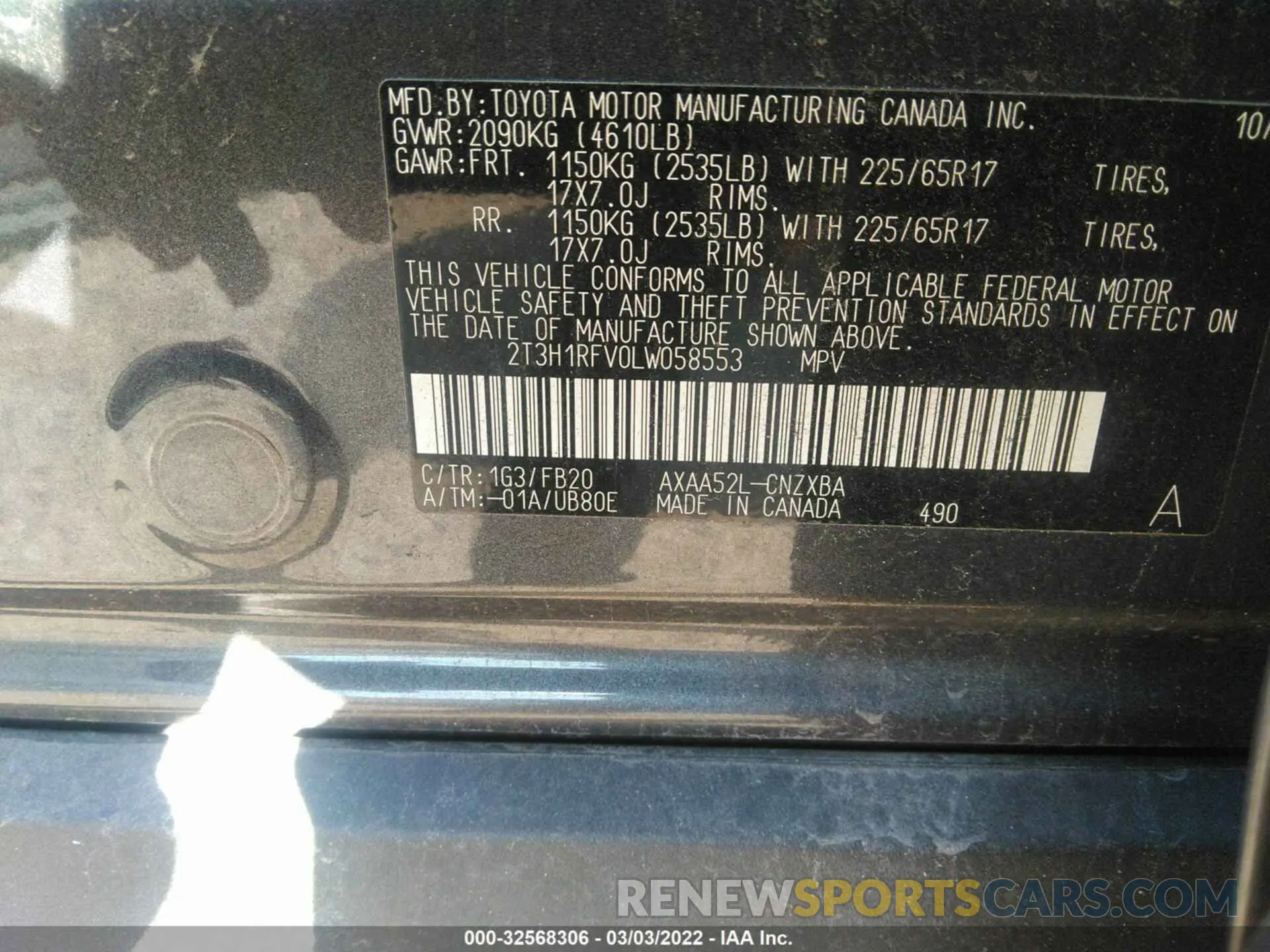 9 fotografías del automóvil dañado 2T3H1RFV0LW058553 TOYOTA RAV4 2020