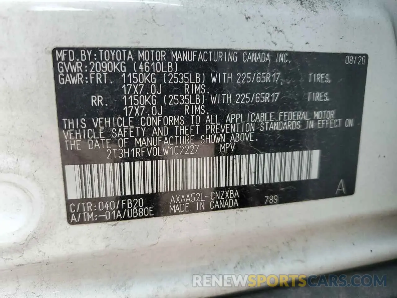 14 fotografías del automóvil dañado 2T3H1RFV0LW102227 TOYOTA RAV4 2020