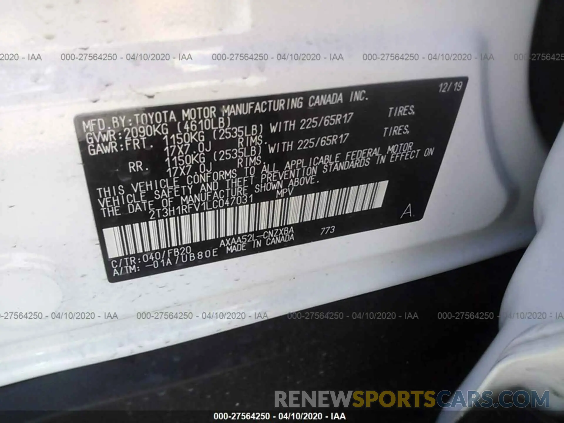 9 fotografías del automóvil dañado 2T3H1RFV1LC047031 TOYOTA RAV4 2020
