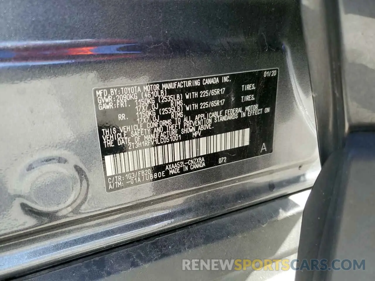 10 fotografías del automóvil dañado 2T3H1RFV1LC051001 TOYOTA RAV4 2020