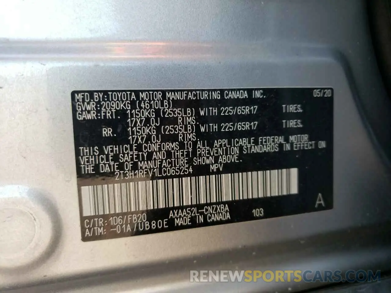 10 fotografías del automóvil dañado 2T3H1RFV1LC065254 TOYOTA RAV4 2020