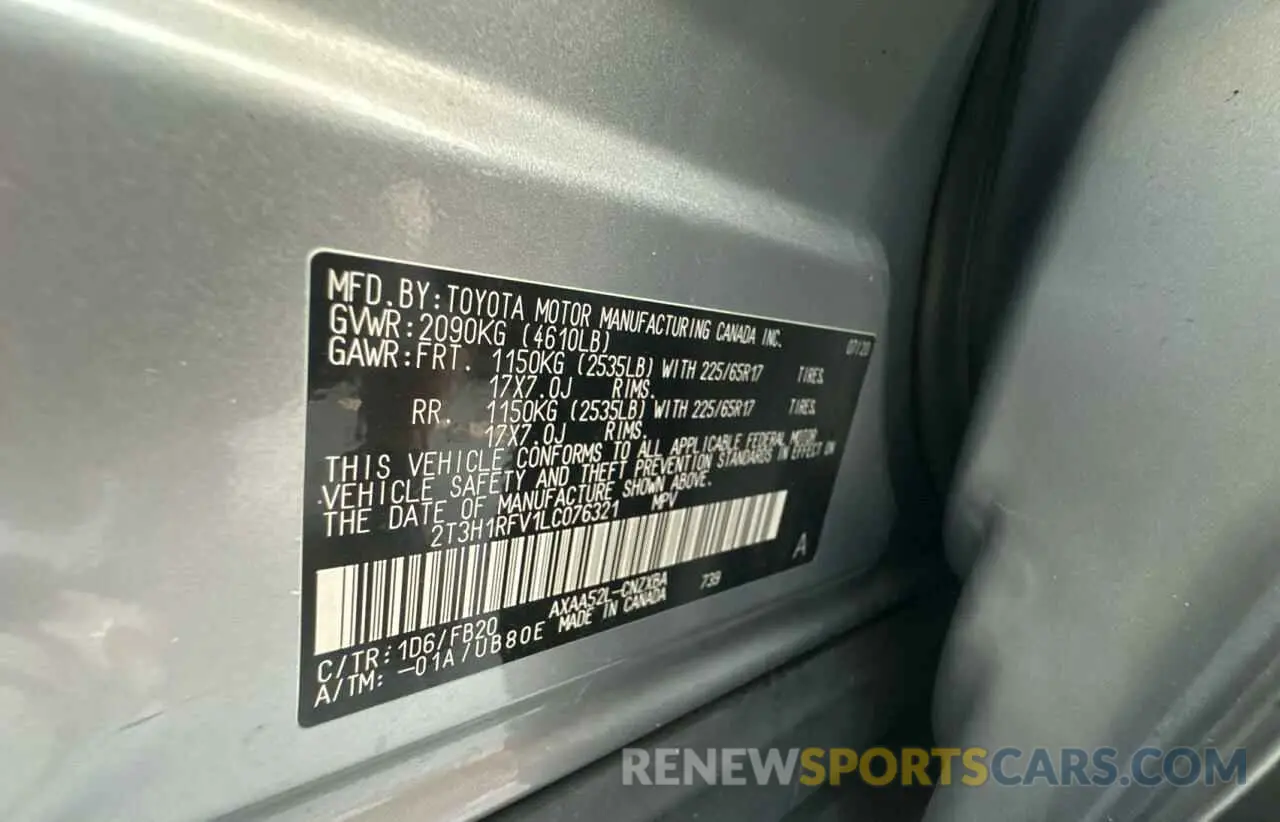 10 fotografías del automóvil dañado 2T3H1RFV1LC076321 TOYOTA RAV4 2020