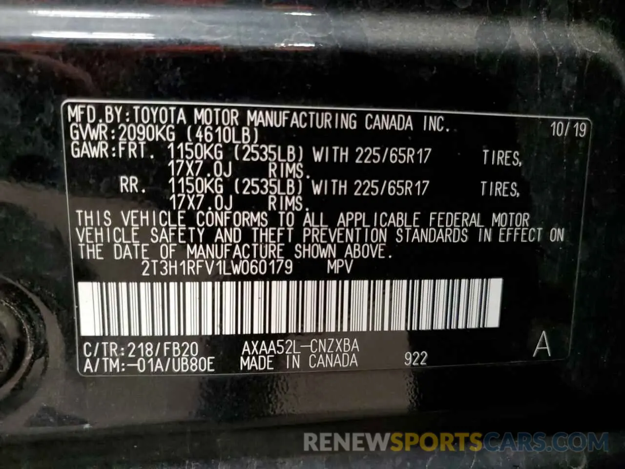 16 fotografías del automóvil dañado 2T3H1RFV1LW060179 TOYOTA RAV4 2020