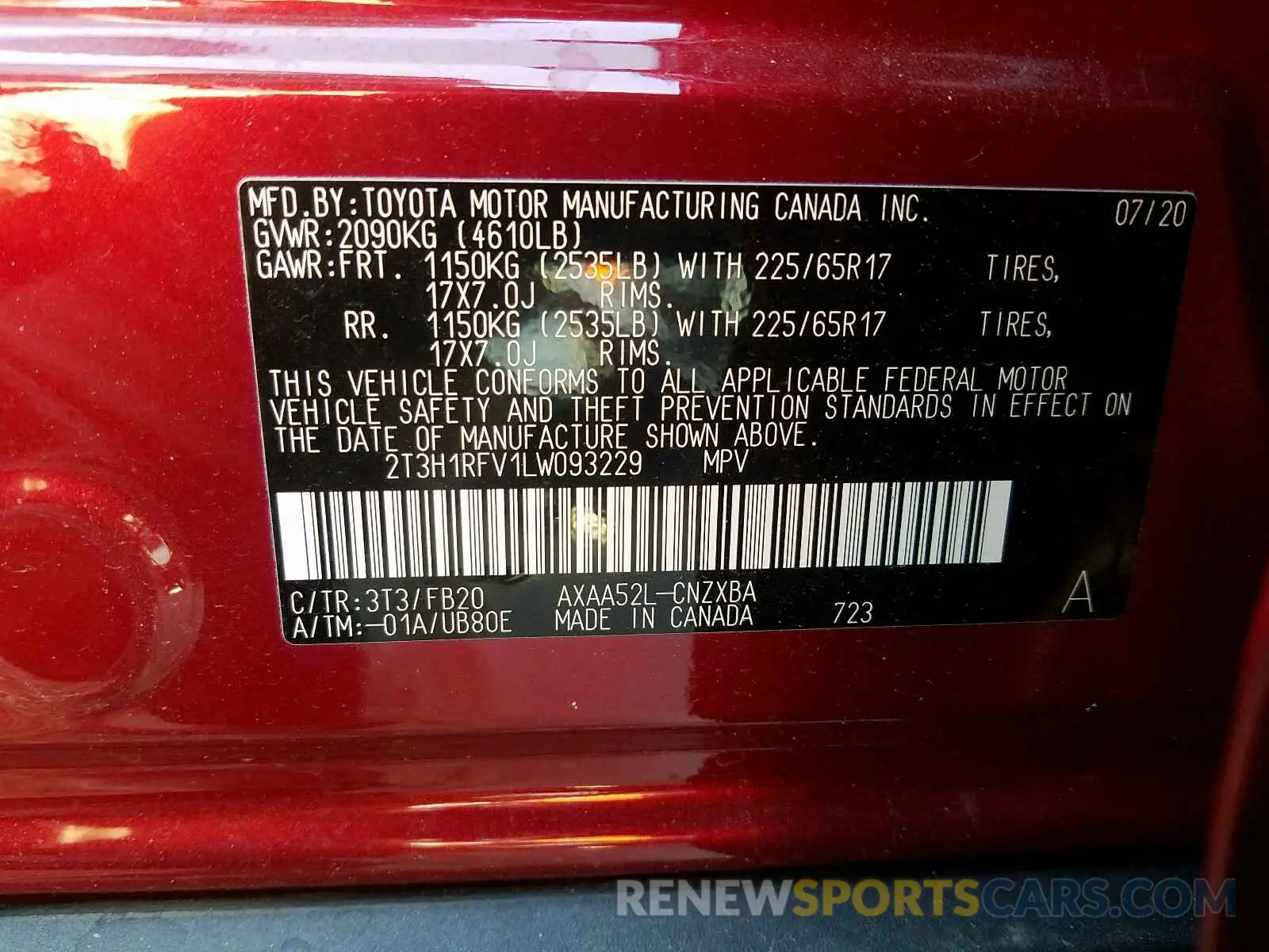 10 fotografías del automóvil dañado 2T3H1RFV1LW093229 TOYOTA RAV4 2020