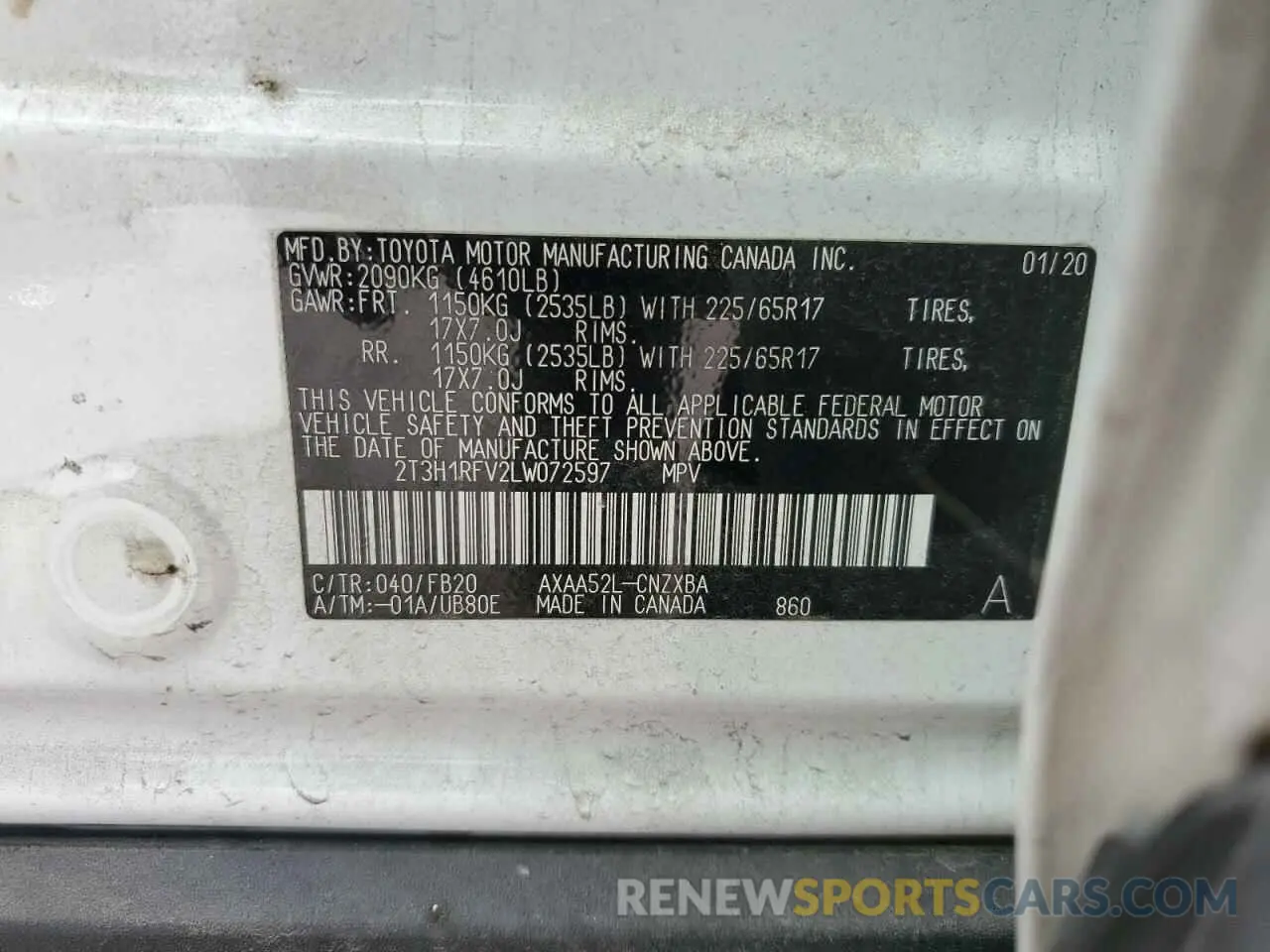 14 fotografías del automóvil dañado 2T3H1RFV2LW072597 TOYOTA RAV4 2020