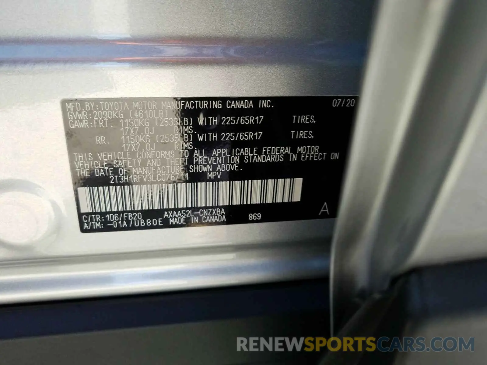 10 fotografías del automóvil dañado 2T3H1RFV3LC076711 TOYOTA RAV4 2020