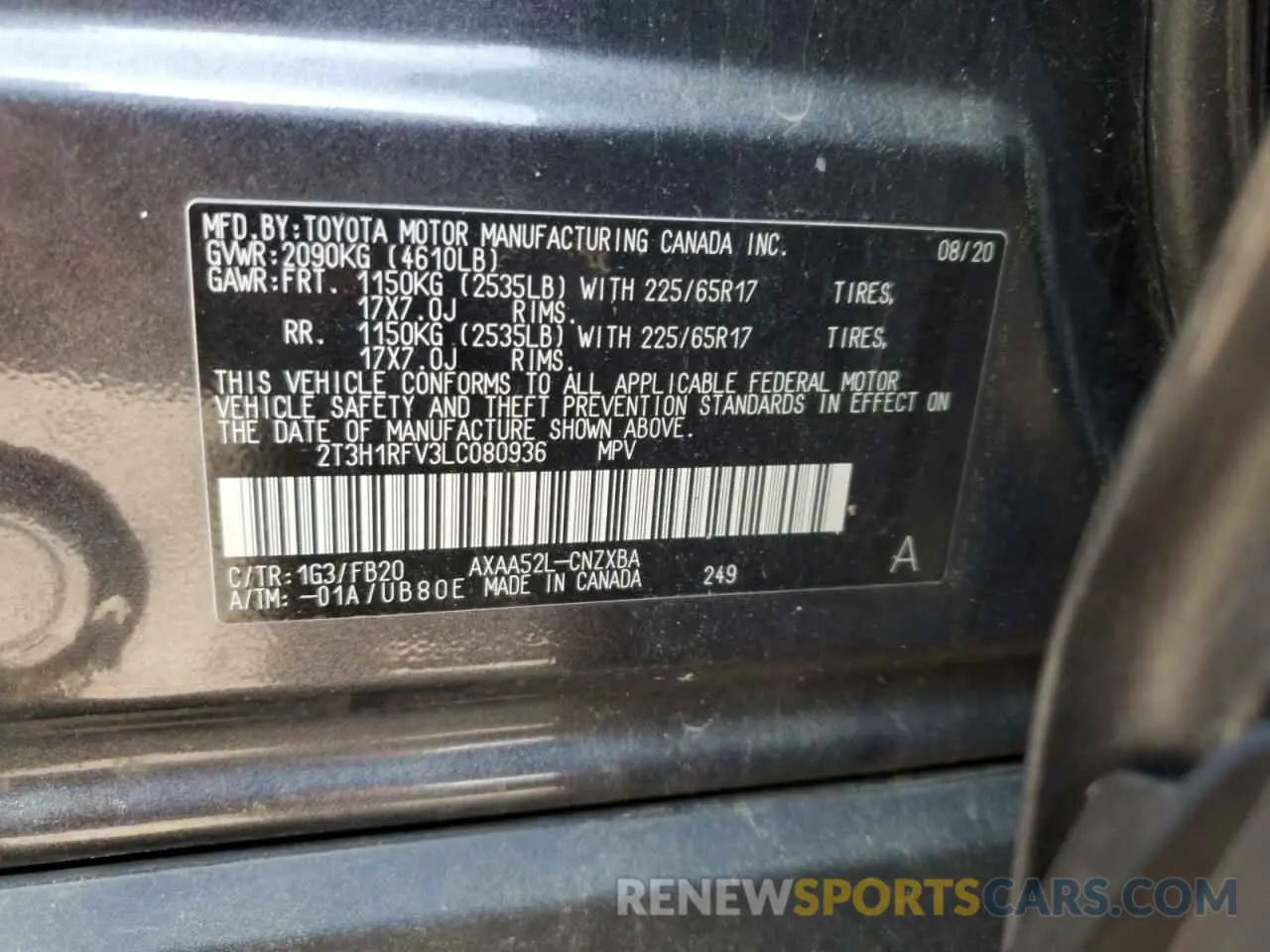14 fotografías del automóvil dañado 2T3H1RFV3LC080936 TOYOTA RAV4 2020