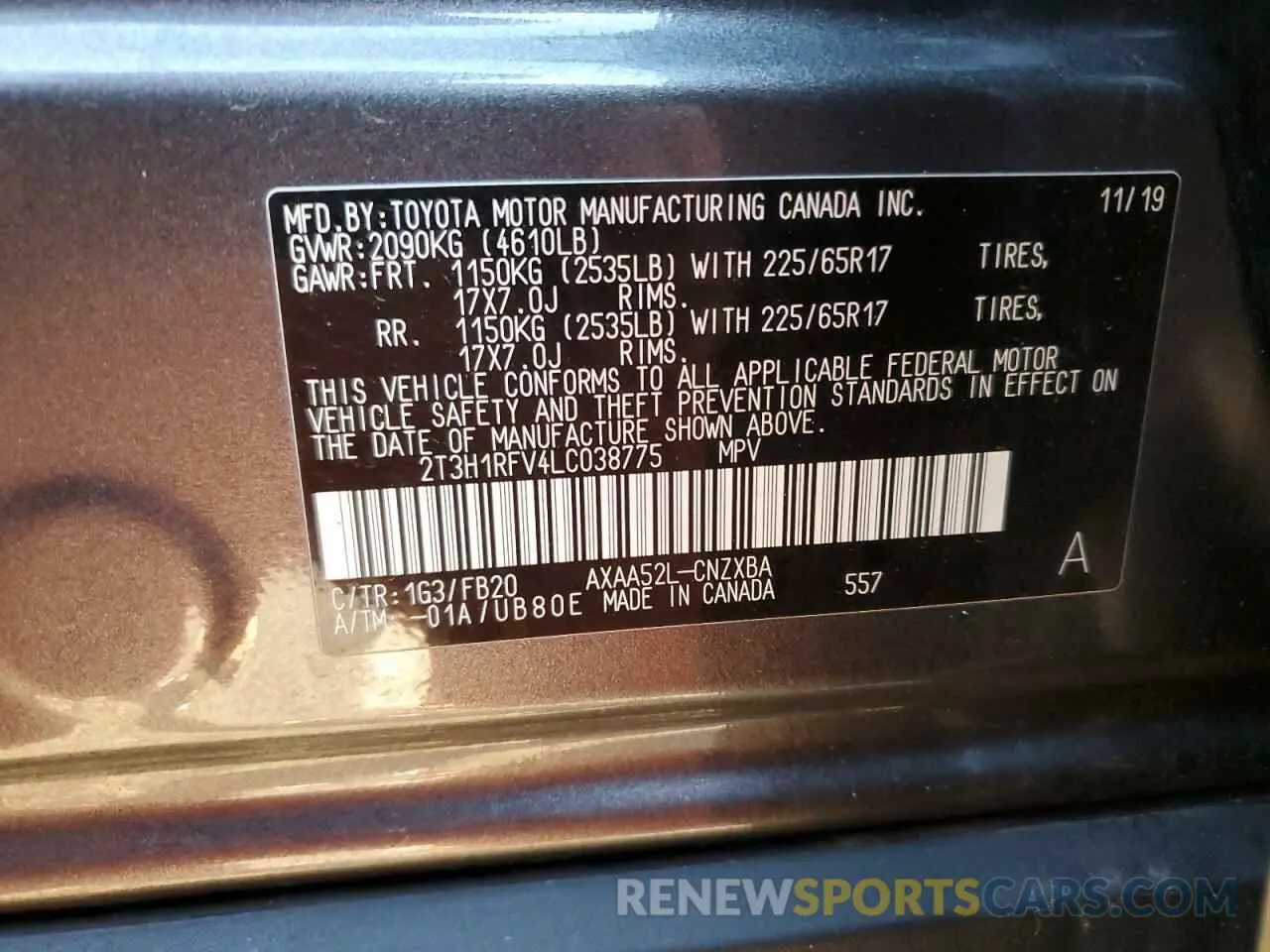 16 fotografías del automóvil dañado 2T3H1RFV4LC038775 TOYOTA RAV4 2020