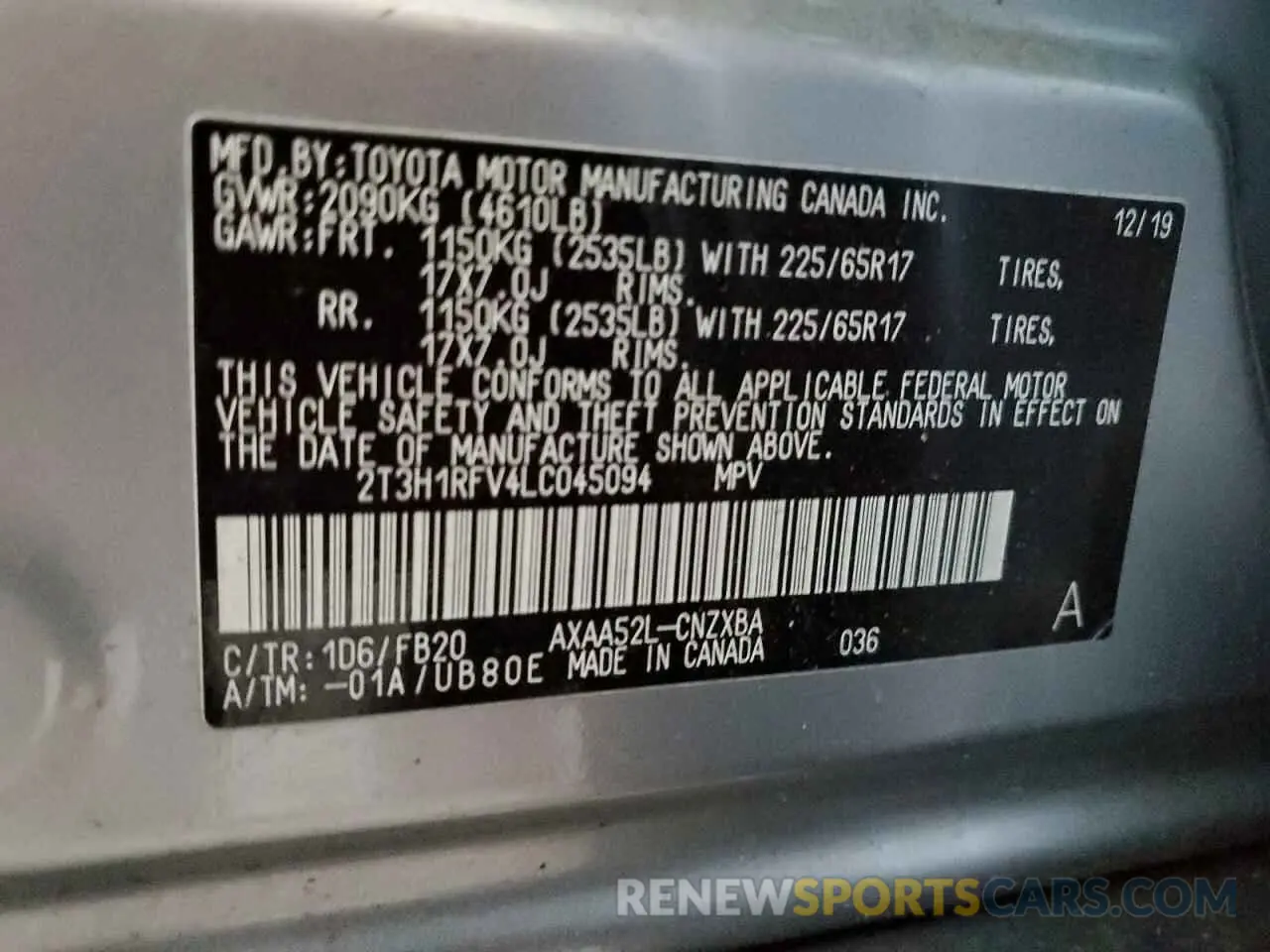 12 fotografías del automóvil dañado 2T3H1RFV4LC045094 TOYOTA RAV4 2020