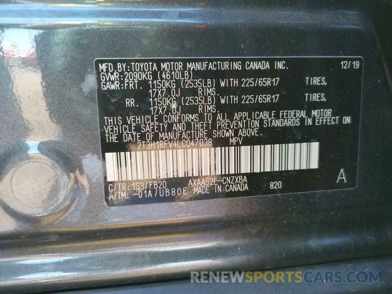 10 fotografías del automóvil dañado 2T3H1RFV4LC047038 TOYOTA RAV4 2020